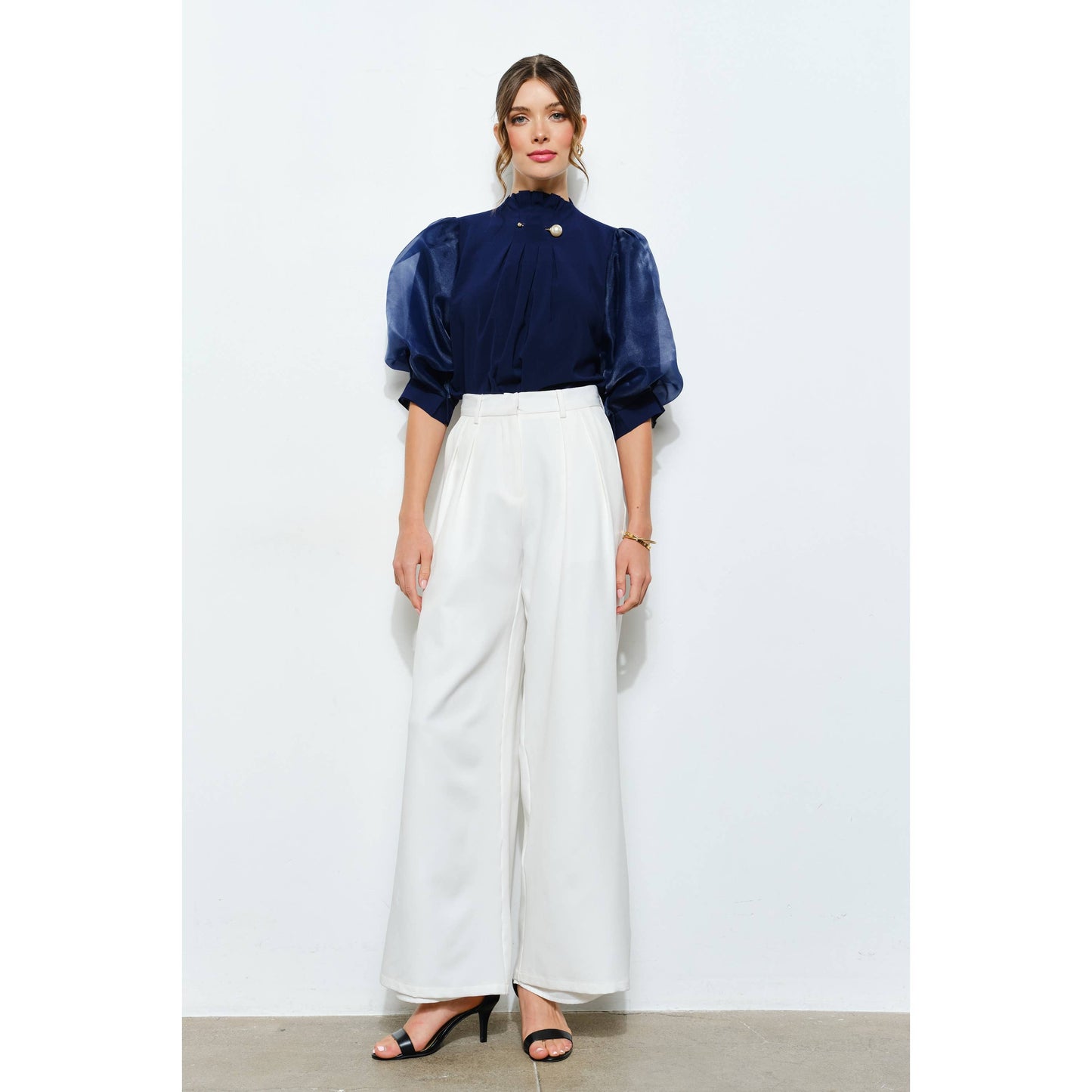 Pearl detail Sheer Puff Sleeve Pleated Blouse
