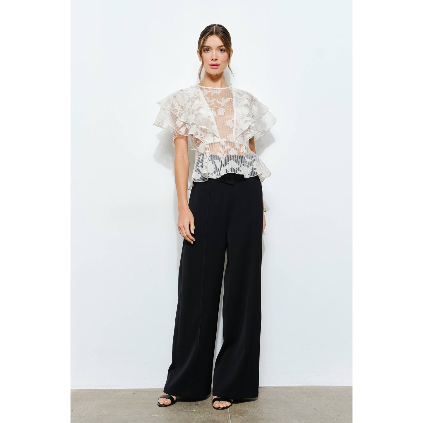 Sheer Floral Stripe Print Ruffle Blouse