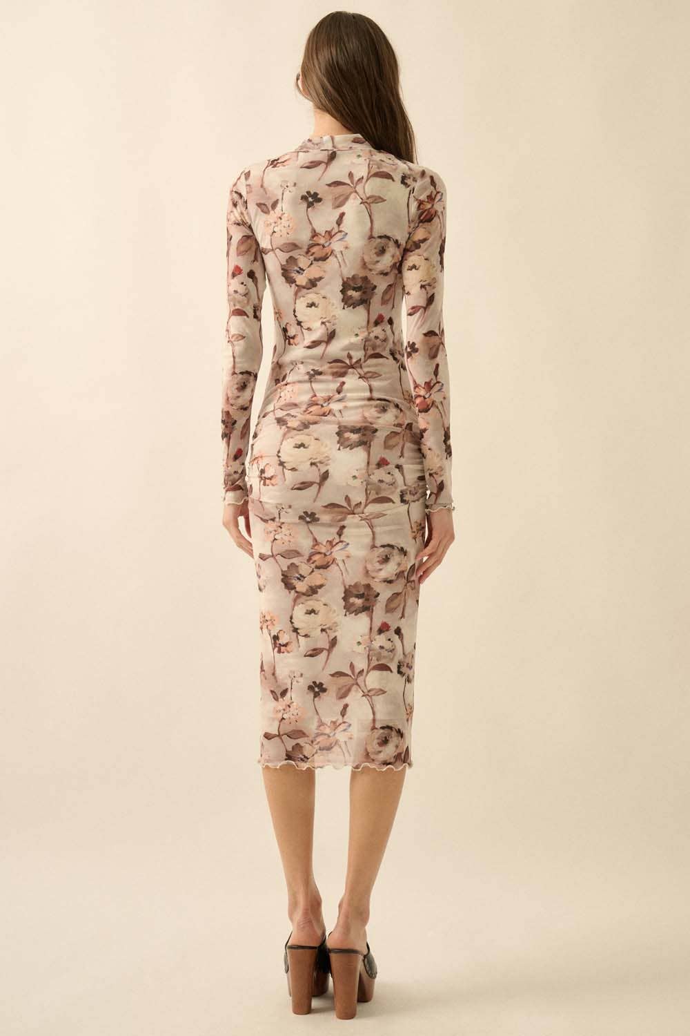 Floral-Print Mesh Mock-Neck Long-Sleeve Midi Dress