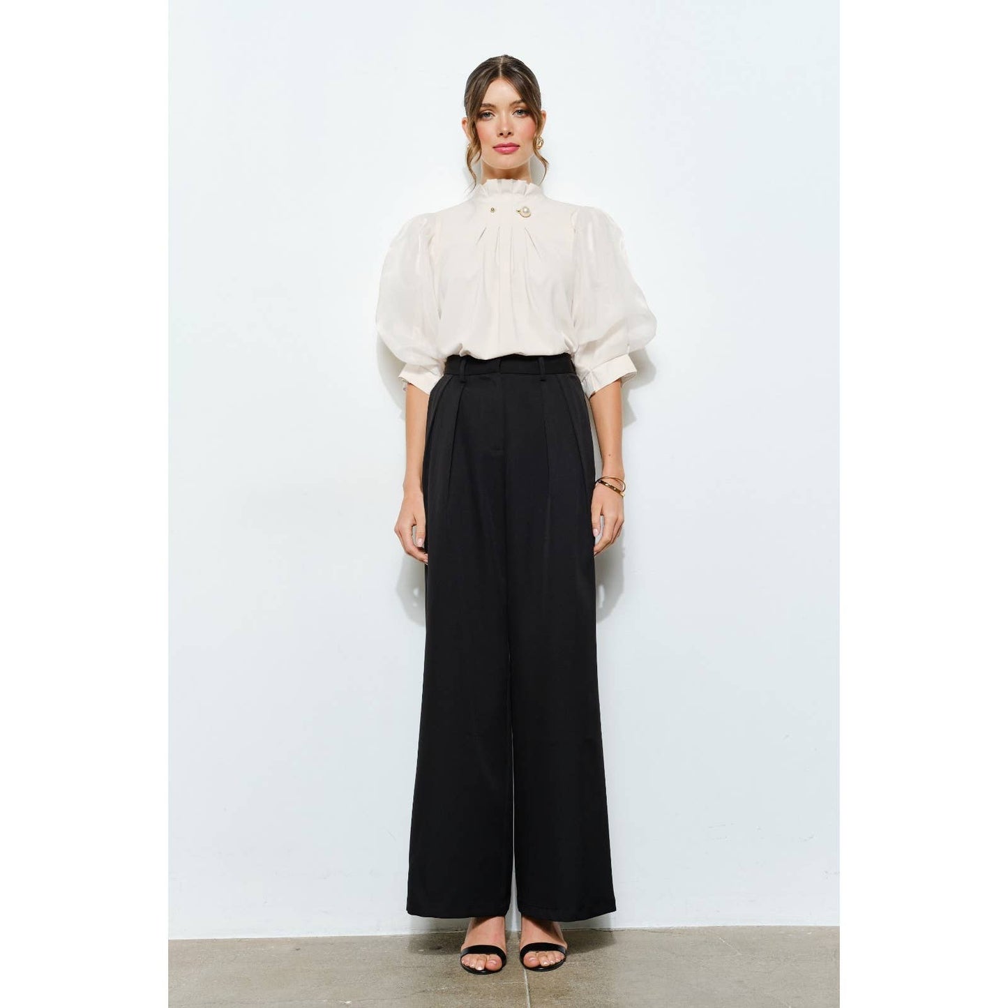 Pearl detail Sheer Puff Sleeve Pleated Blouse
