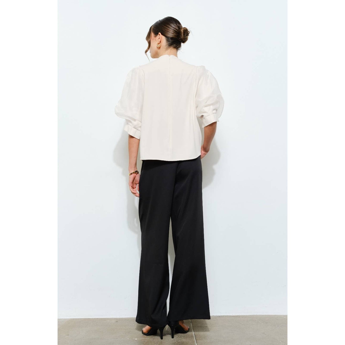Pearl detail Sheer Puff Sleeve Pleated Blouse