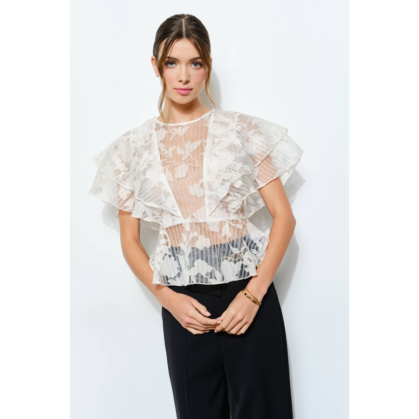Sheer Floral Stripe Print Ruffle Blouse