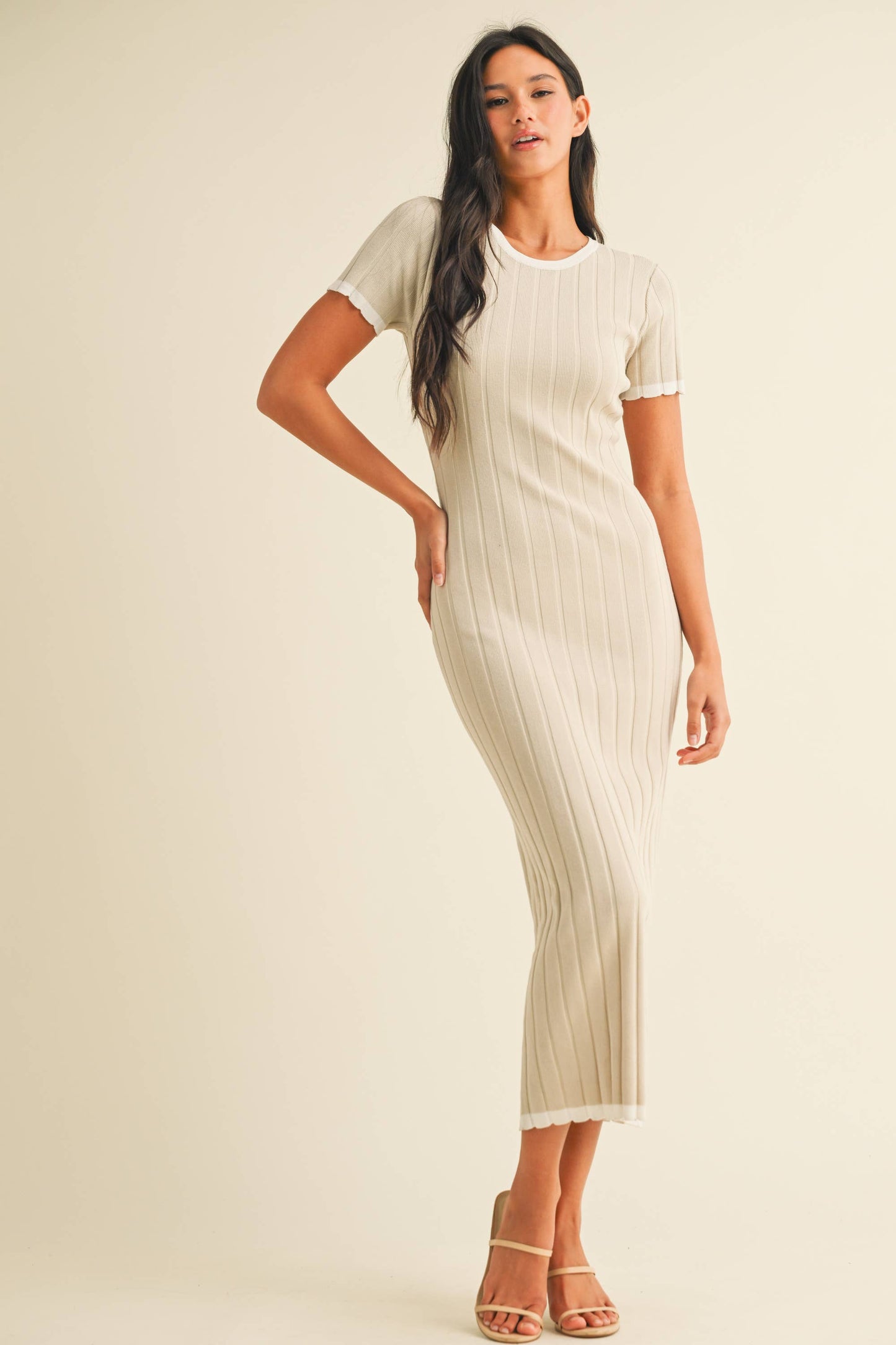 ID9143 SHORT SLEEVE SWEATER KNIT RIB MIDI DRESS