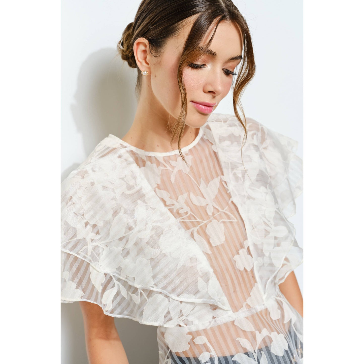 Sheer Floral Stripe Print Ruffle Blouse