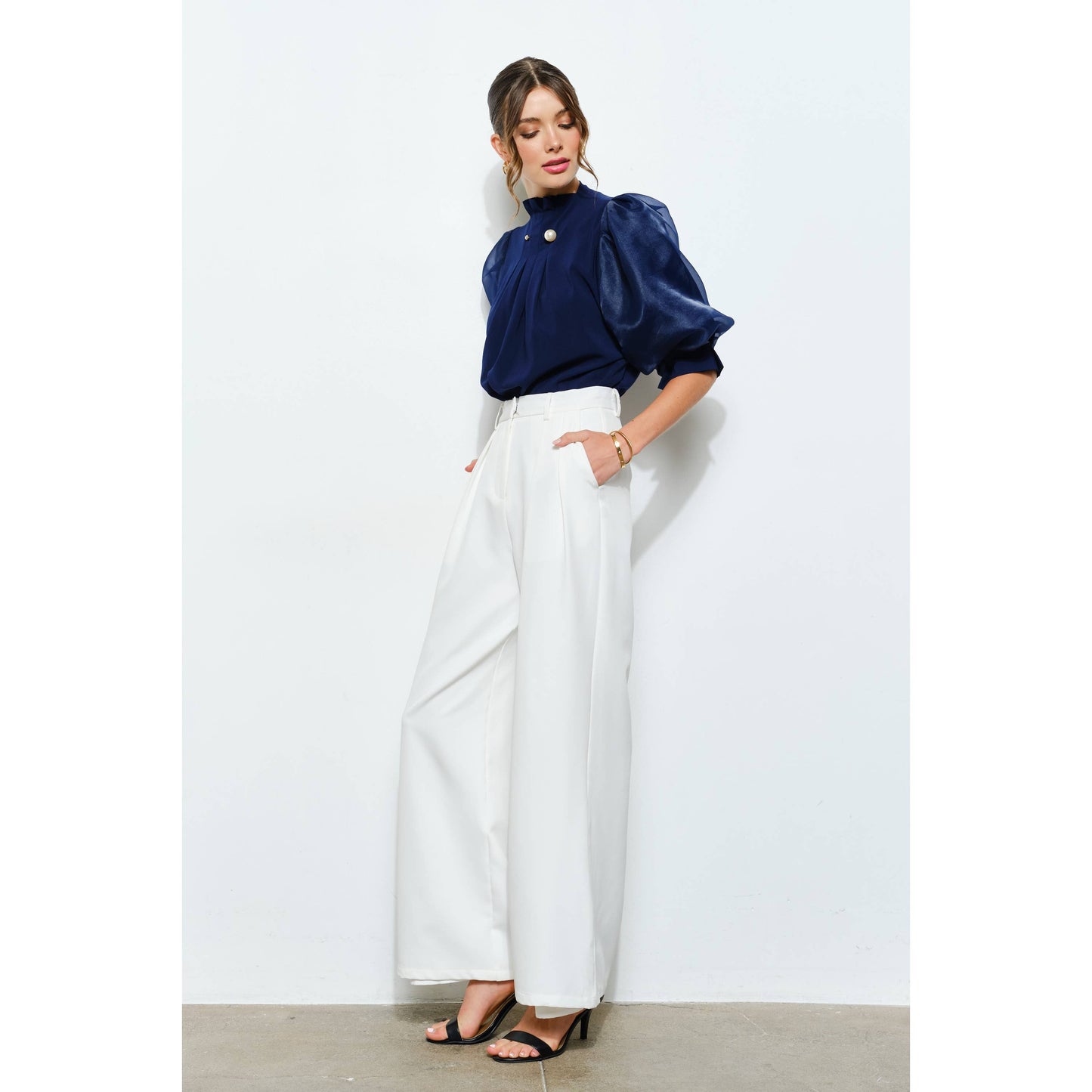Pearl detail Sheer Puff Sleeve Pleated Blouse