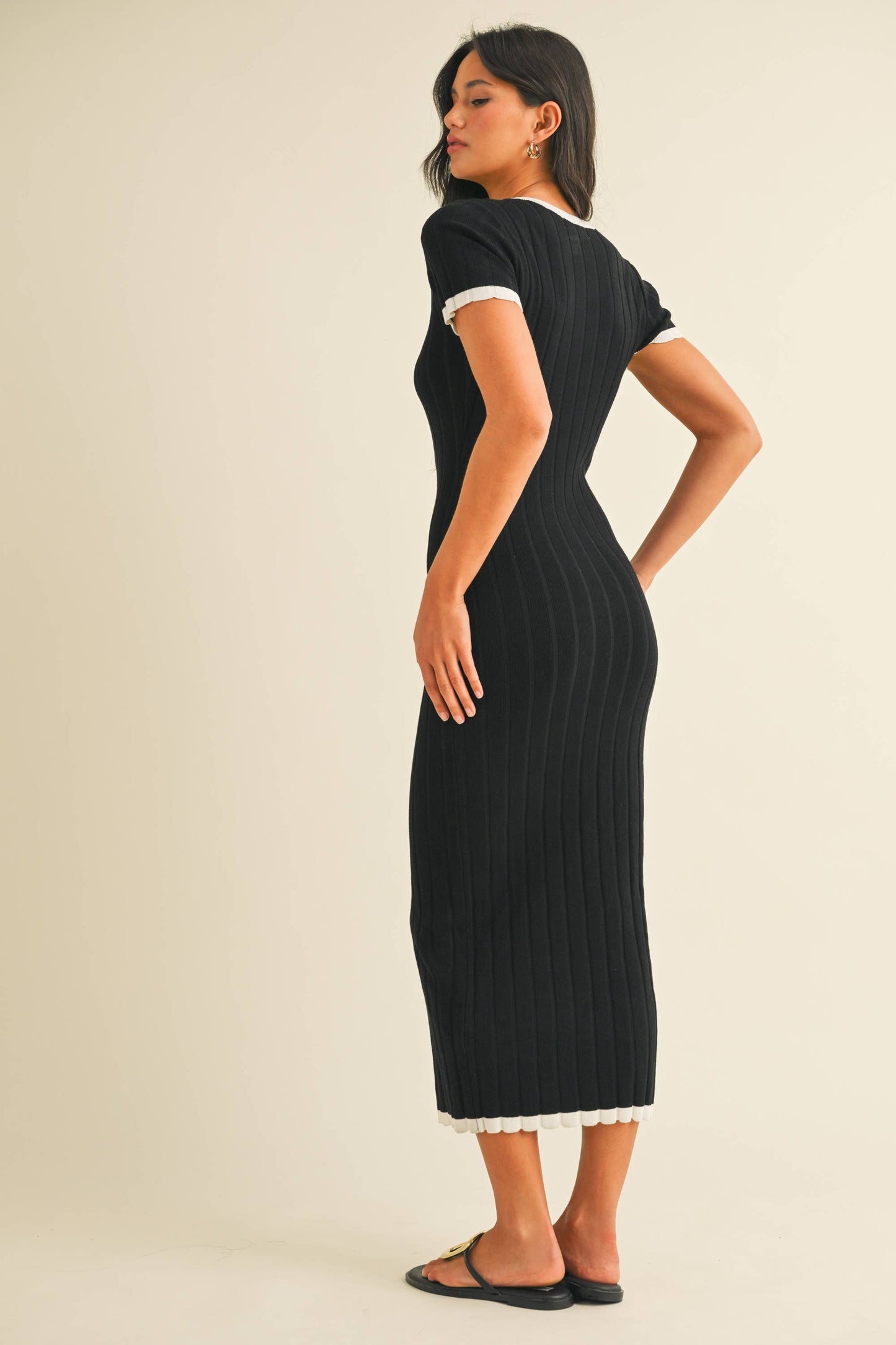 ID9143 SHORT SLEEVE SWEATER KNIT RIB MIDI DRESS