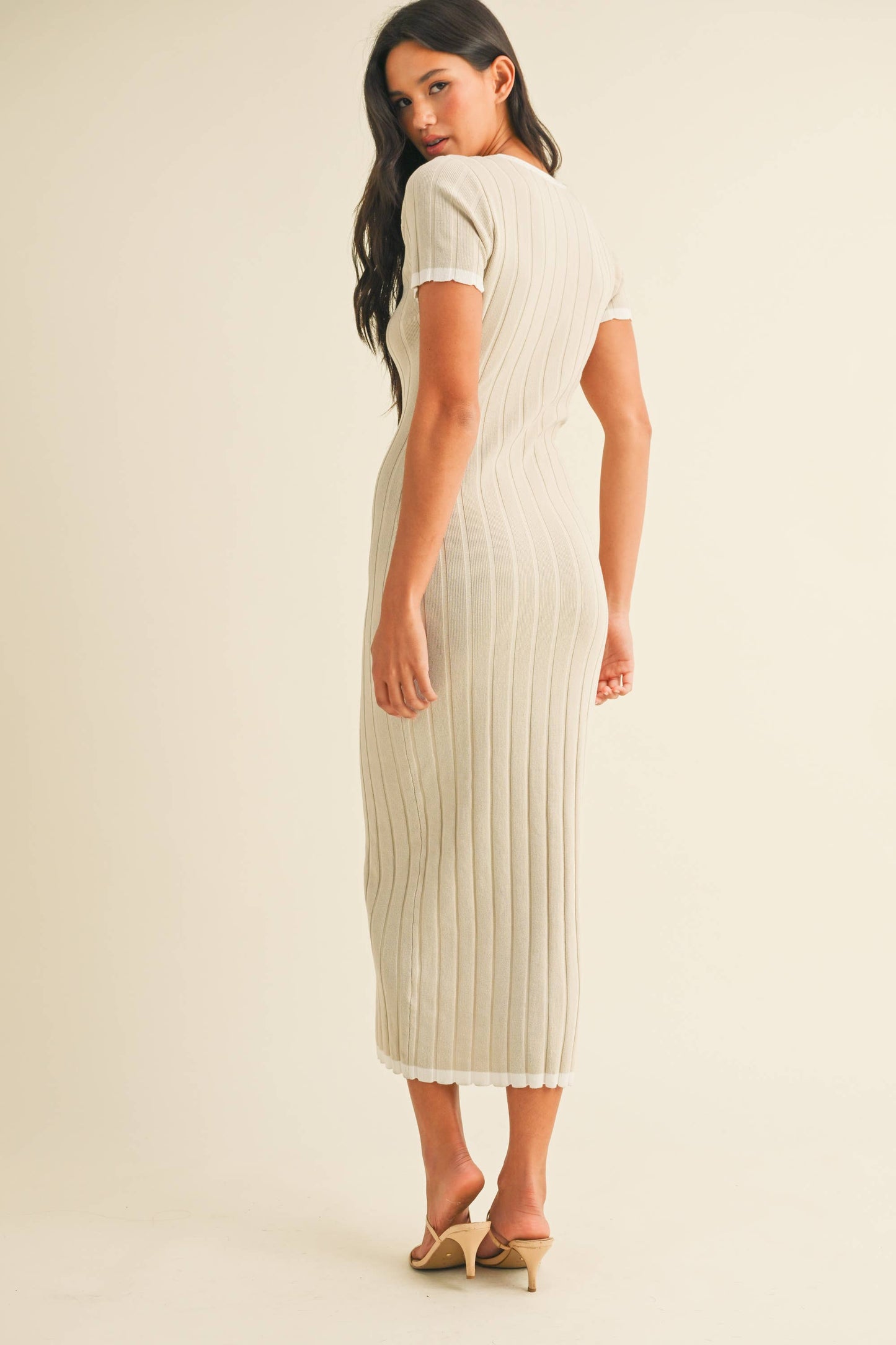 ID9143 SHORT SLEEVE SWEATER KNIT RIB MIDI DRESS