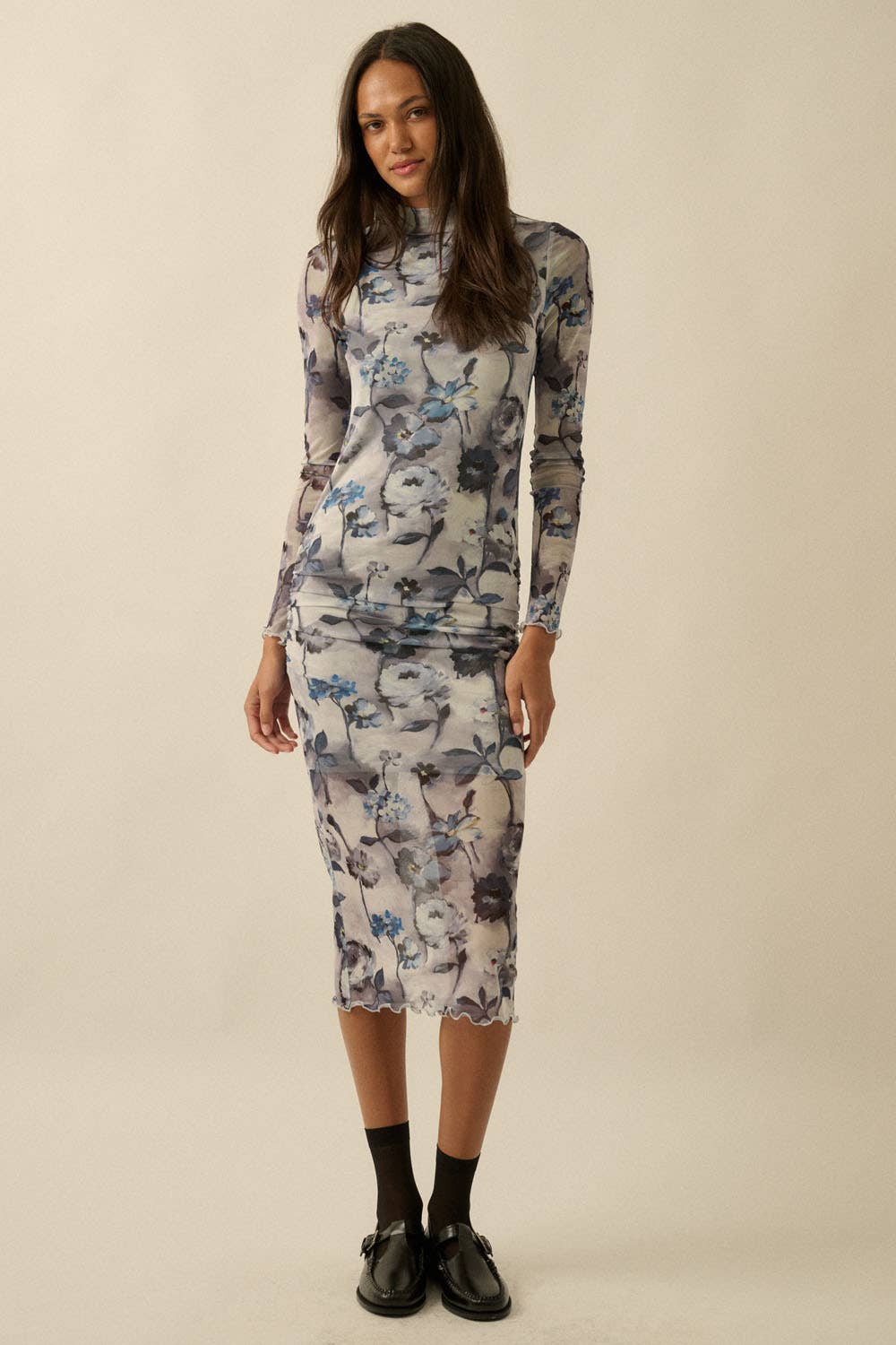 Floral-Print Mesh Mock-Neck Long-Sleeve Midi Dress