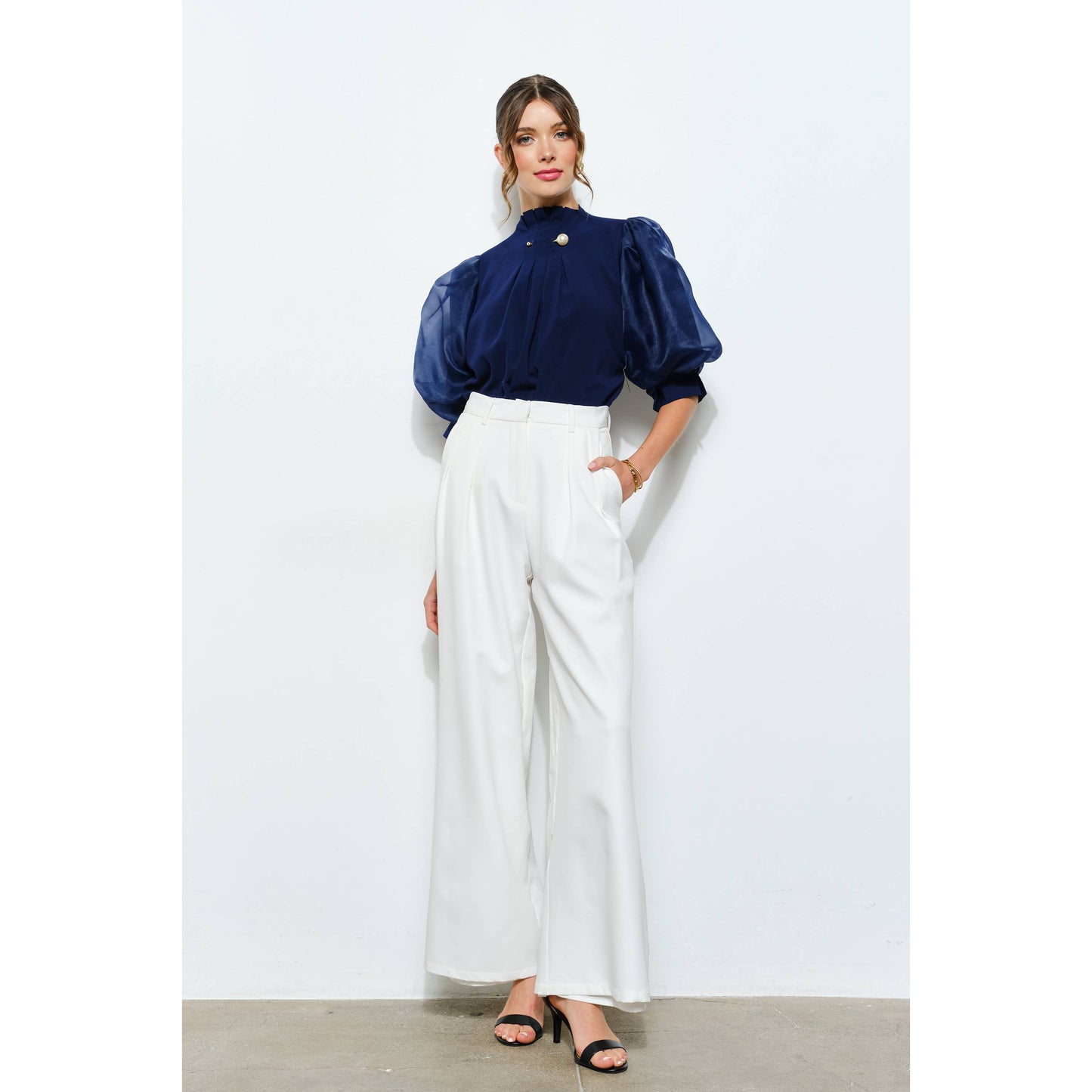 Pearl detail Sheer Puff Sleeve Pleated Blouse