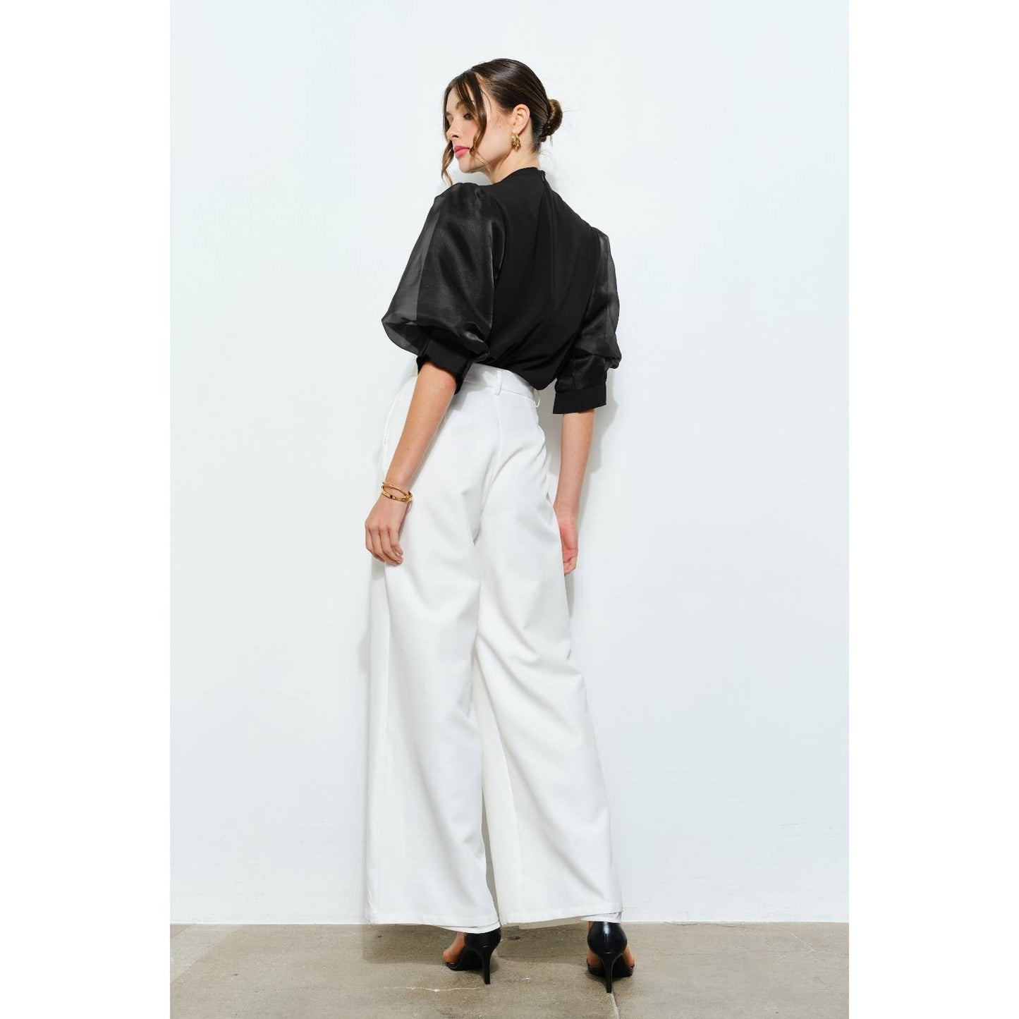 Pearl detail Sheer Puff Sleeve Pleated Blouse
