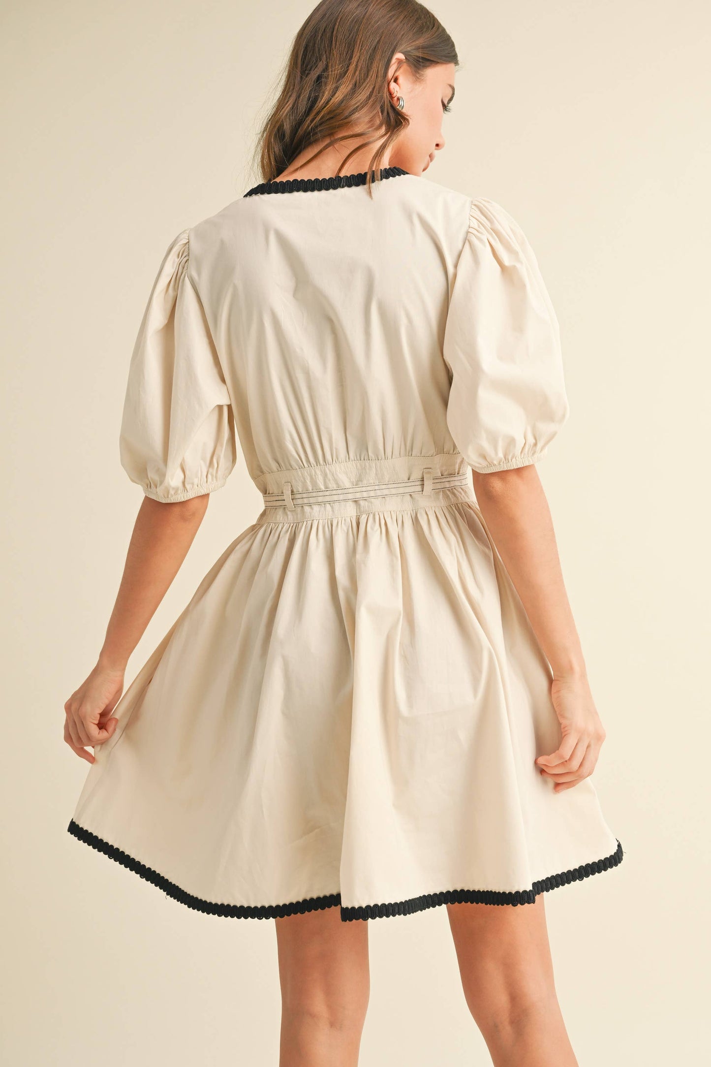 ID9052  BELTED PUFF SHORT SLEEVE A-LINE FLARED MINI DRESS
