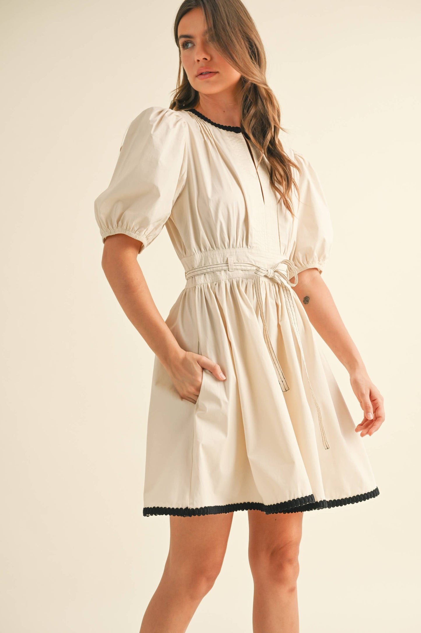 ID9052  BELTED PUFF SHORT SLEEVE A-LINE FLARED MINI DRESS