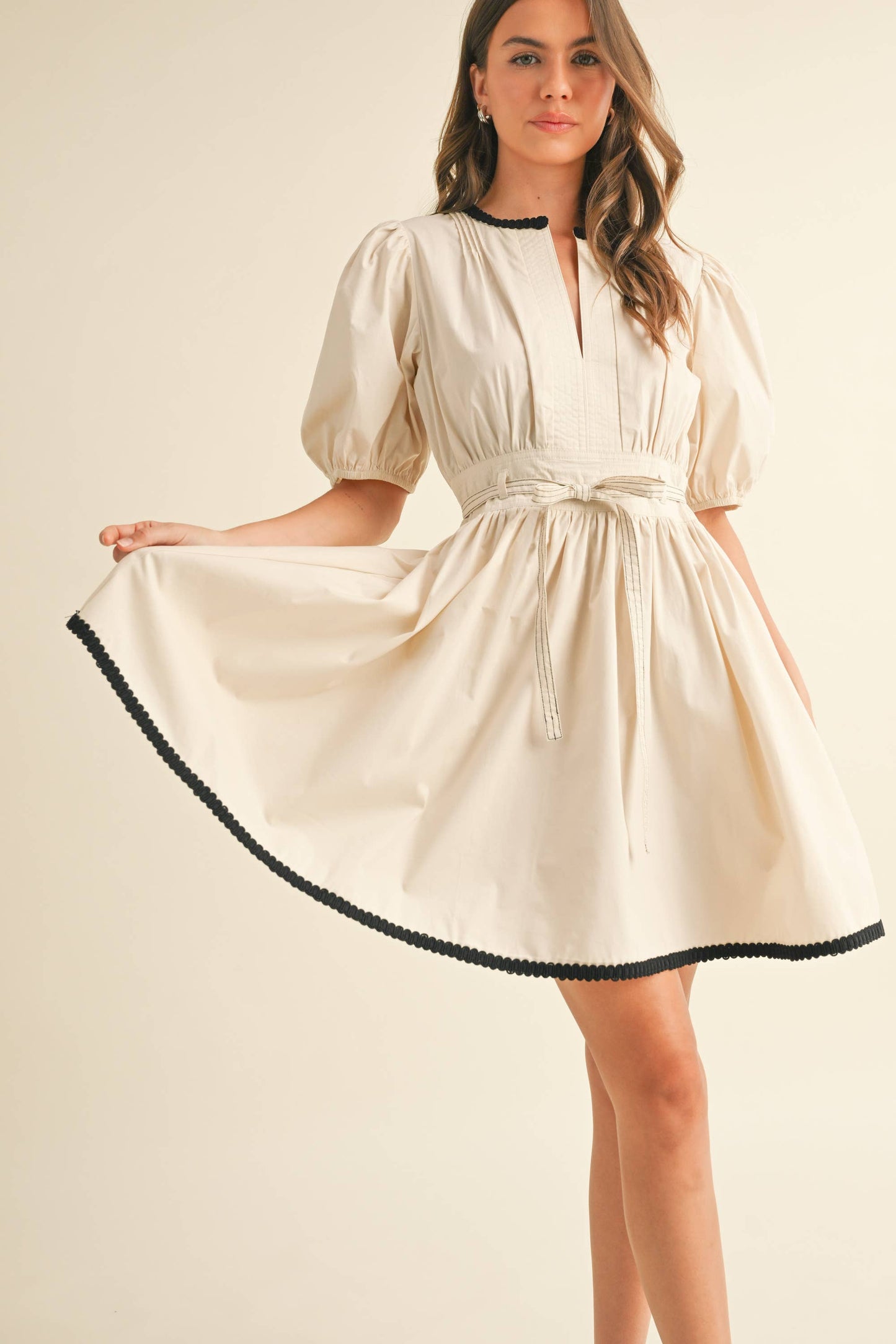 ID9052  BELTED PUFF SHORT SLEEVE A-LINE FLARED MINI DRESS