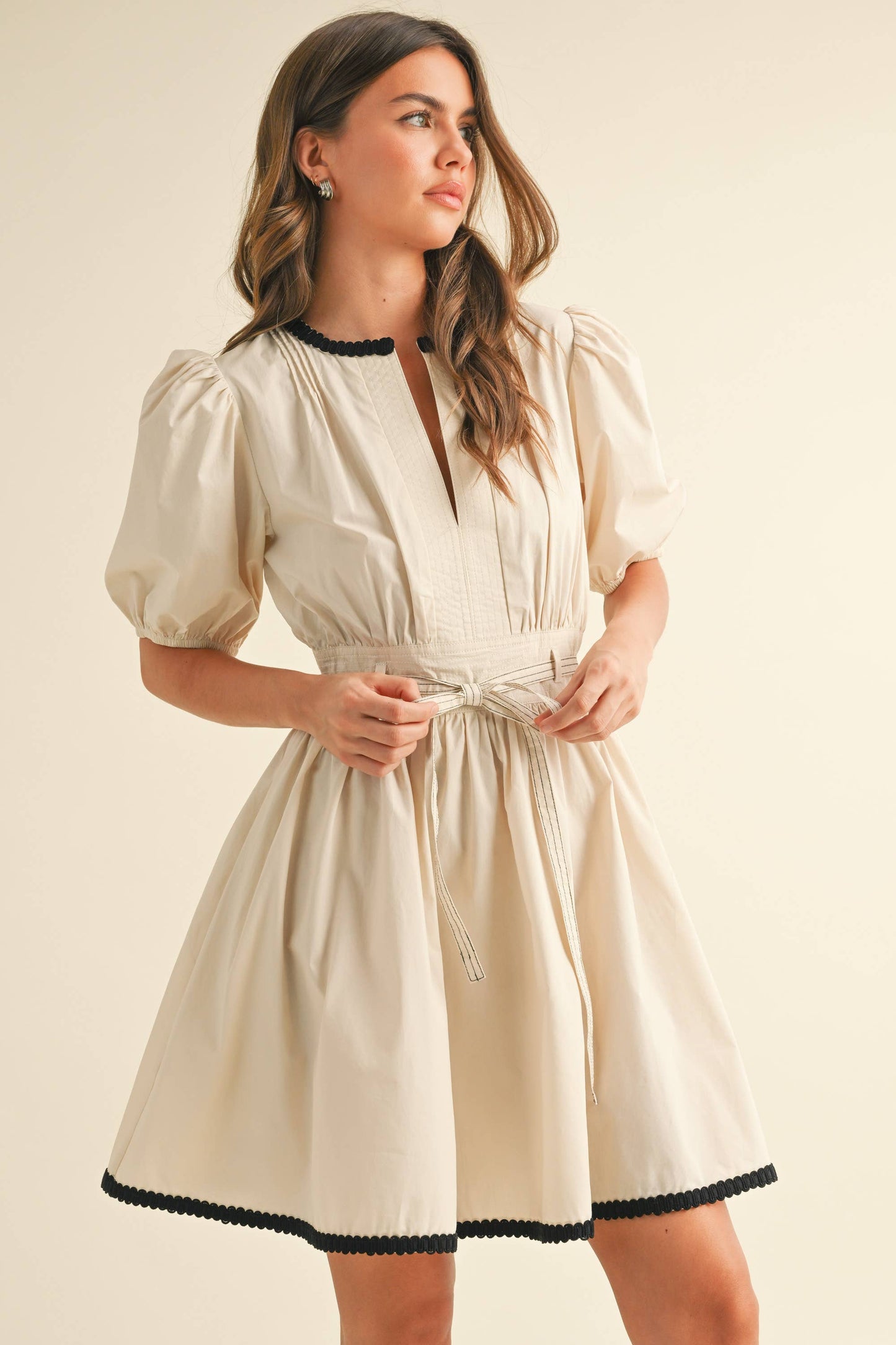 ID9052  BELTED PUFF SHORT SLEEVE A-LINE FLARED MINI DRESS