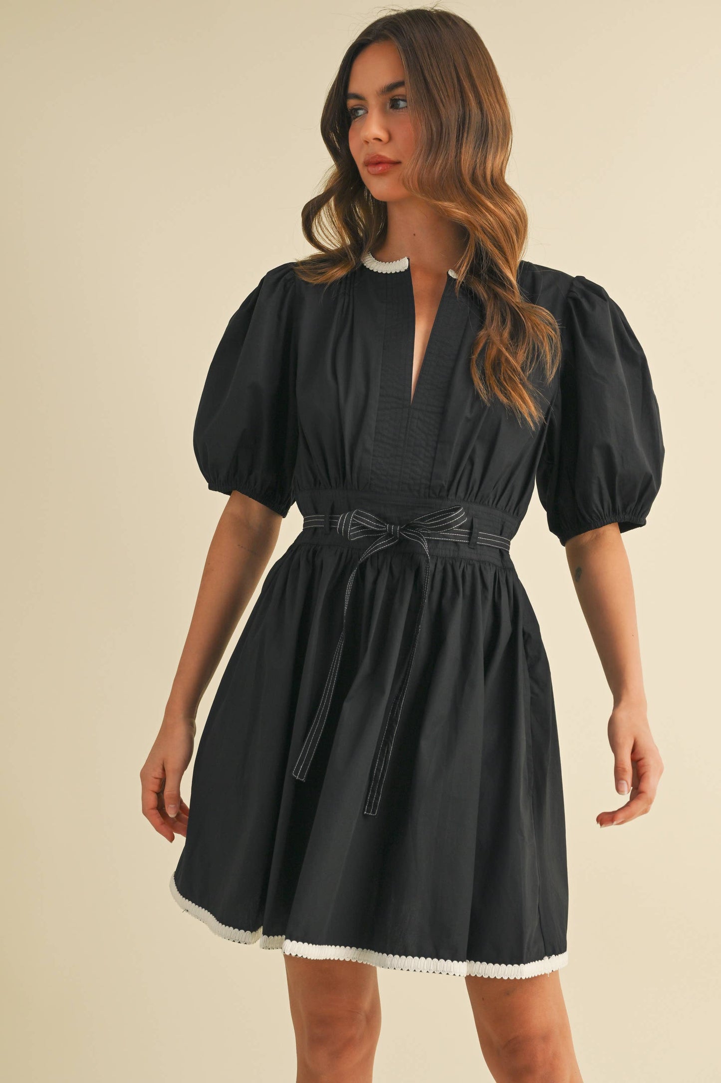ID9052  BELTED PUFF SHORT SLEEVE A-LINE FLARED MINI DRESS