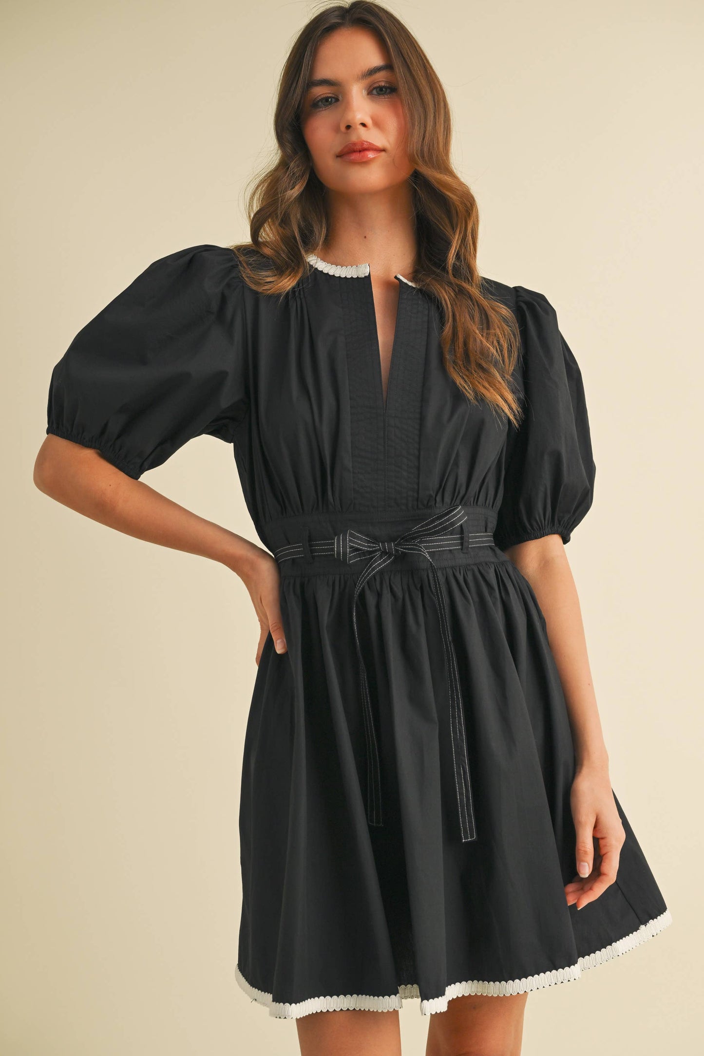 ID9052  BELTED PUFF SHORT SLEEVE A-LINE FLARED MINI DRESS