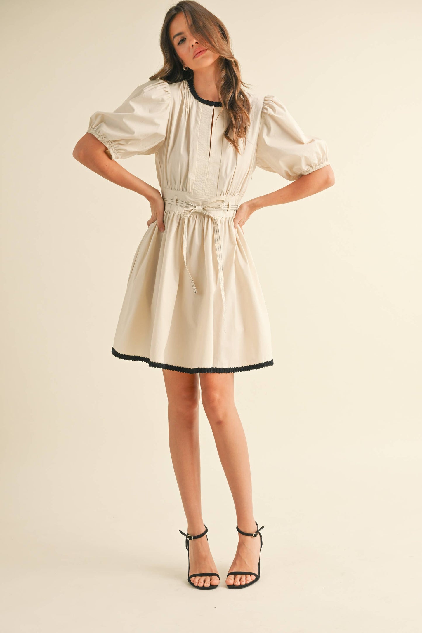 ID9052  BELTED PUFF SHORT SLEEVE A-LINE FLARED MINI DRESS