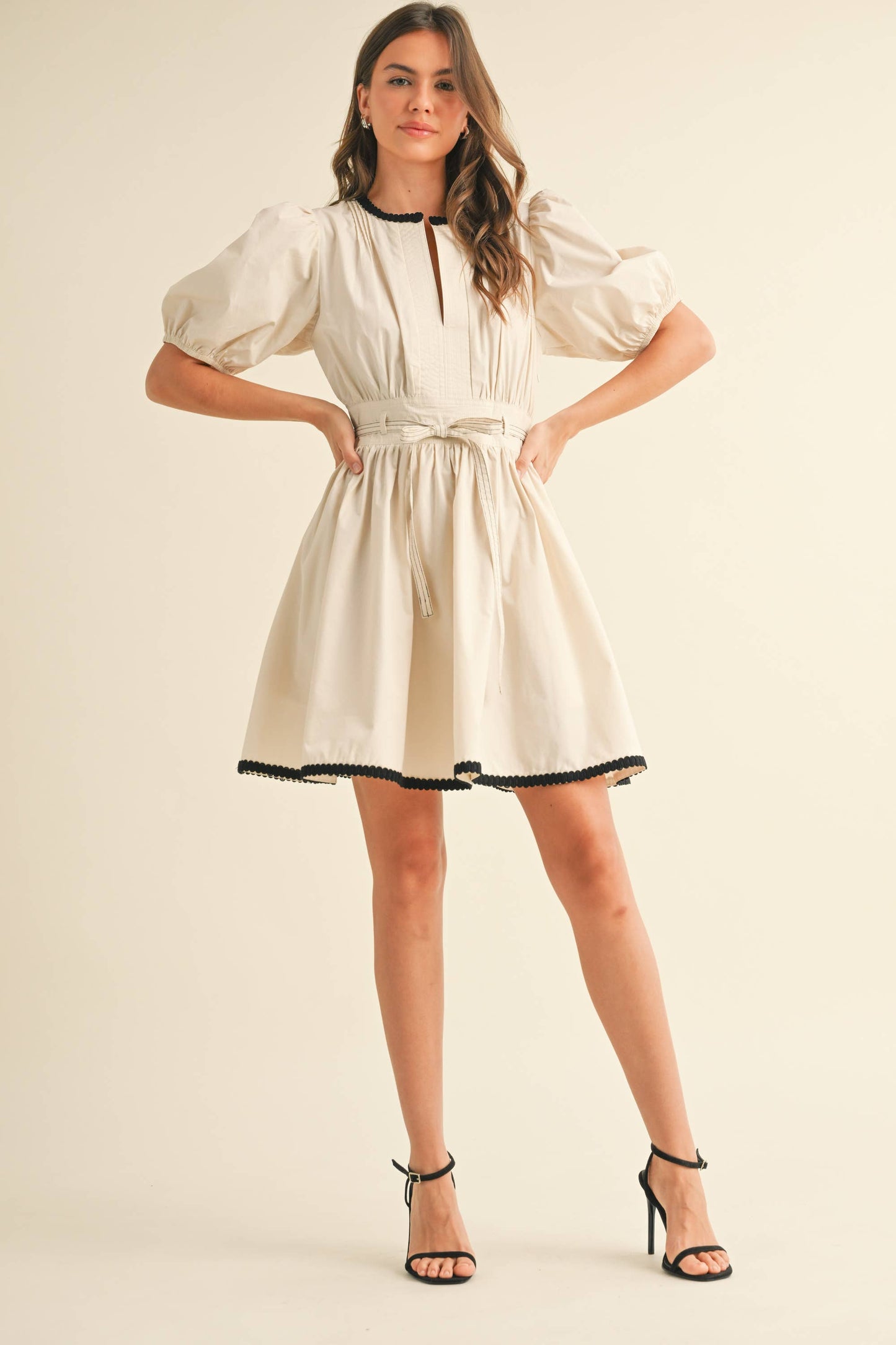 ID9052  BELTED PUFF SHORT SLEEVE A-LINE FLARED MINI DRESS
