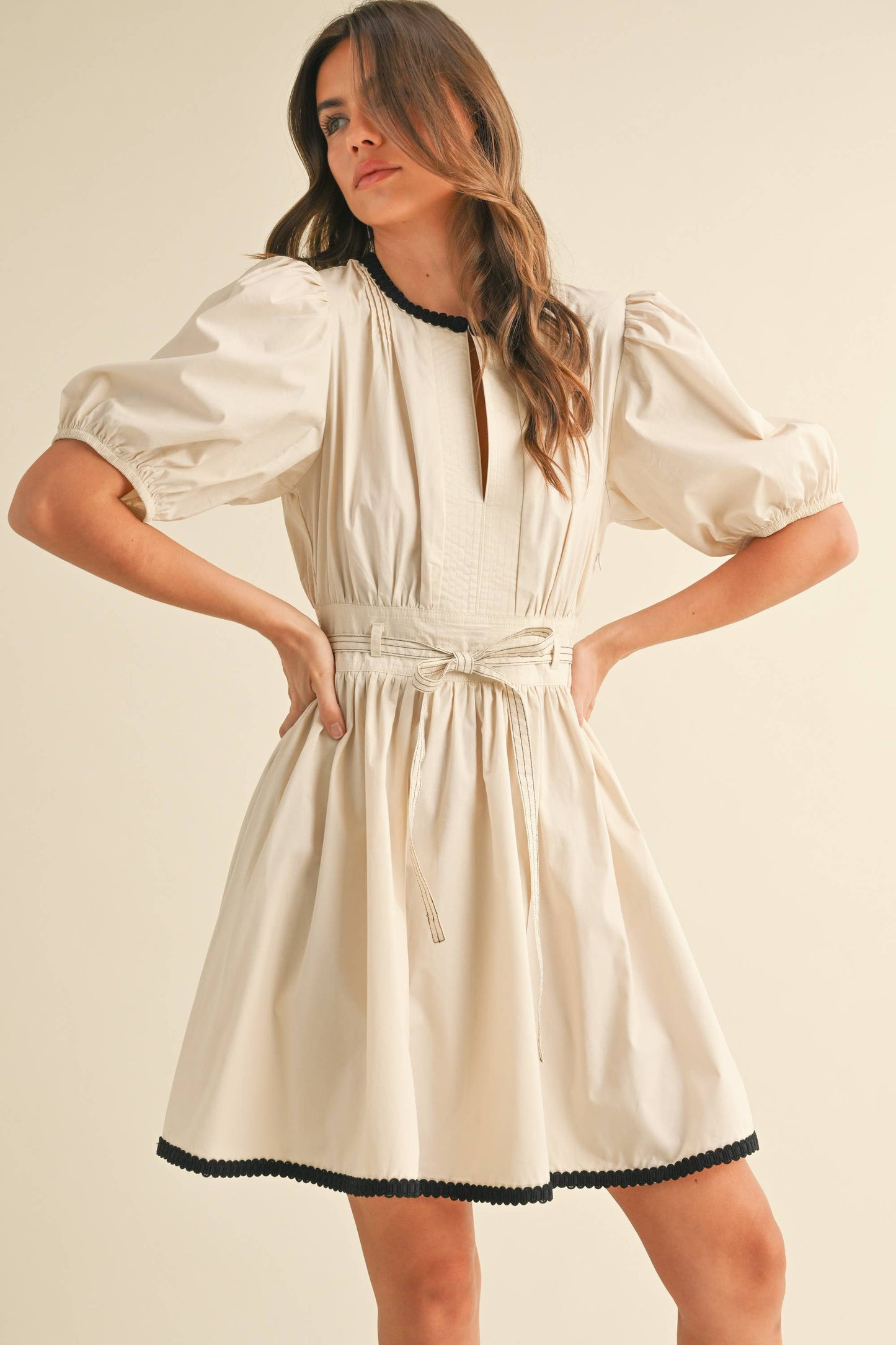 ID9052  BELTED PUFF SHORT SLEEVE A-LINE FLARED MINI DRESS
