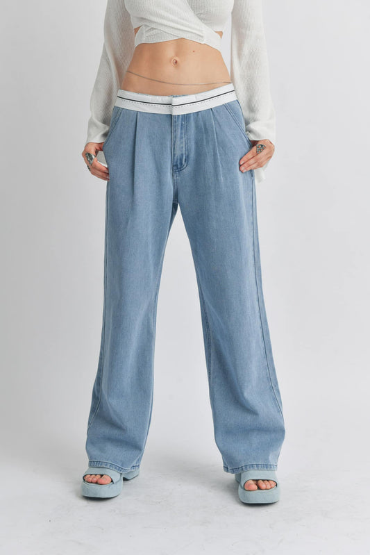 Fold Over Waistband Wide Leg Denim