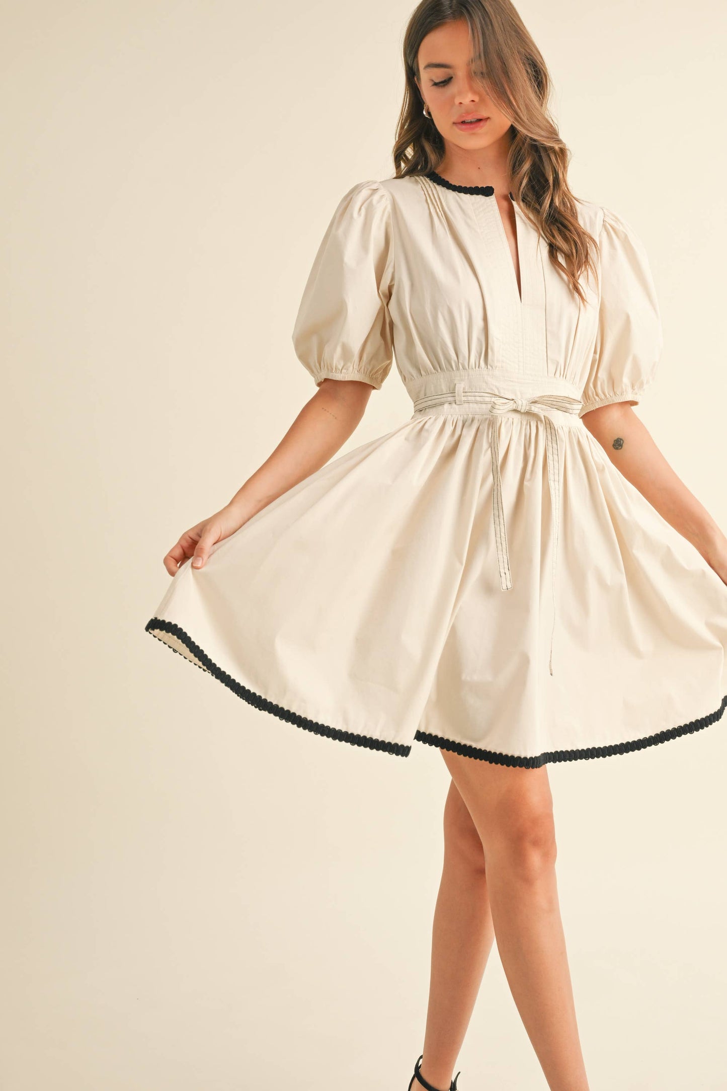 ID9052  BELTED PUFF SHORT SLEEVE A-LINE FLARED MINI DRESS