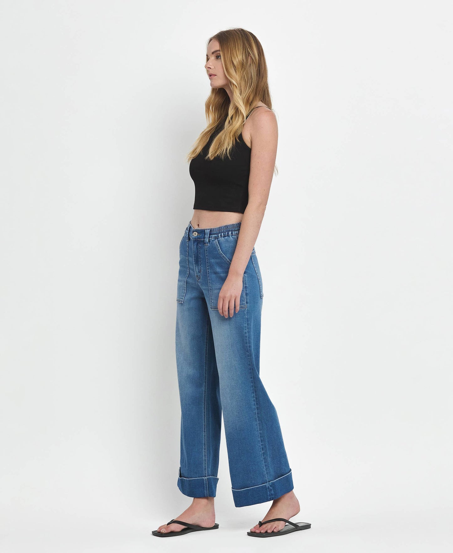HIGH RISE DOUBLE CUFFED BAGGY WIDE JEANS