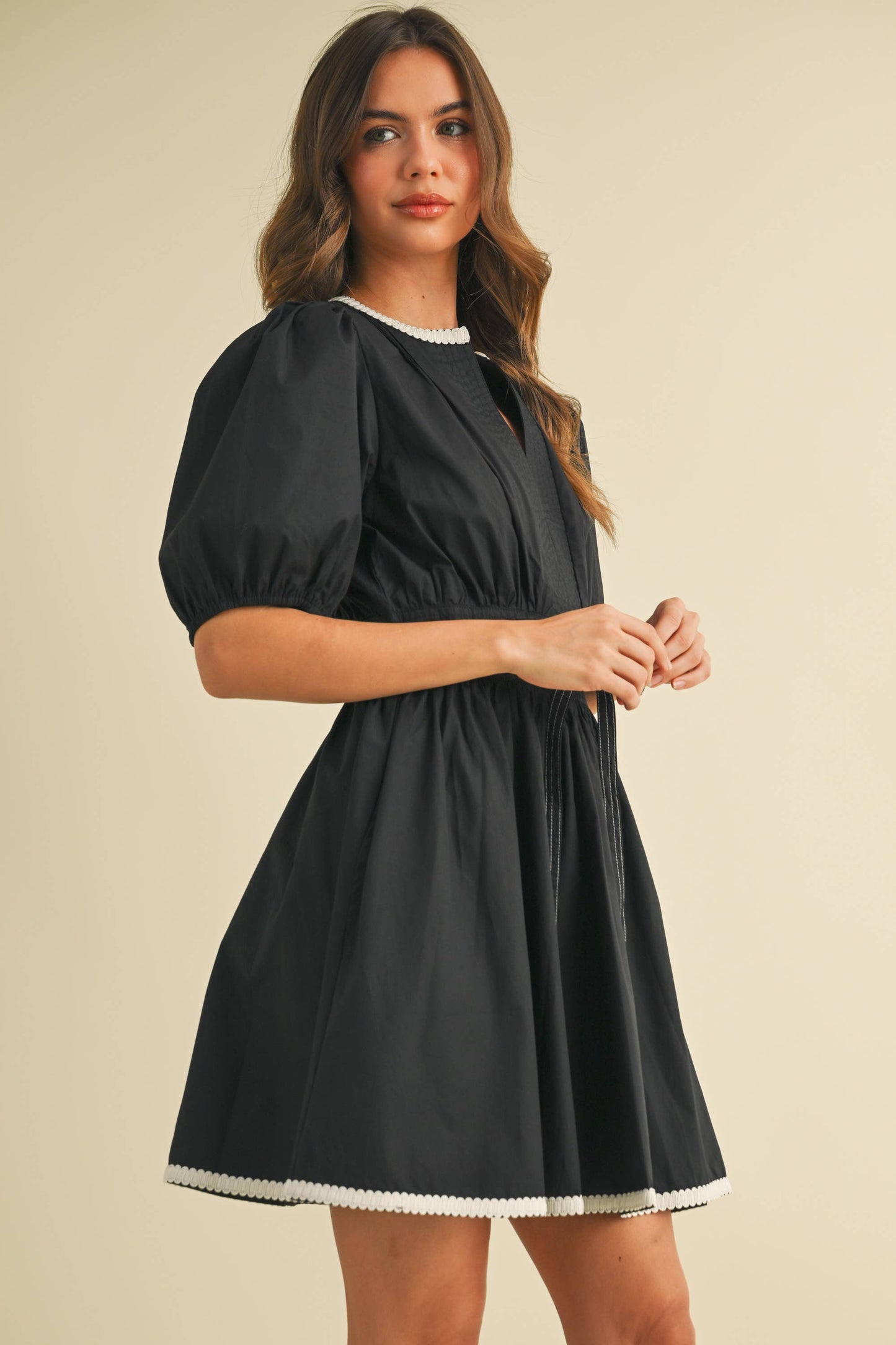 ID9052  BELTED PUFF SHORT SLEEVE A-LINE FLARED MINI DRESS