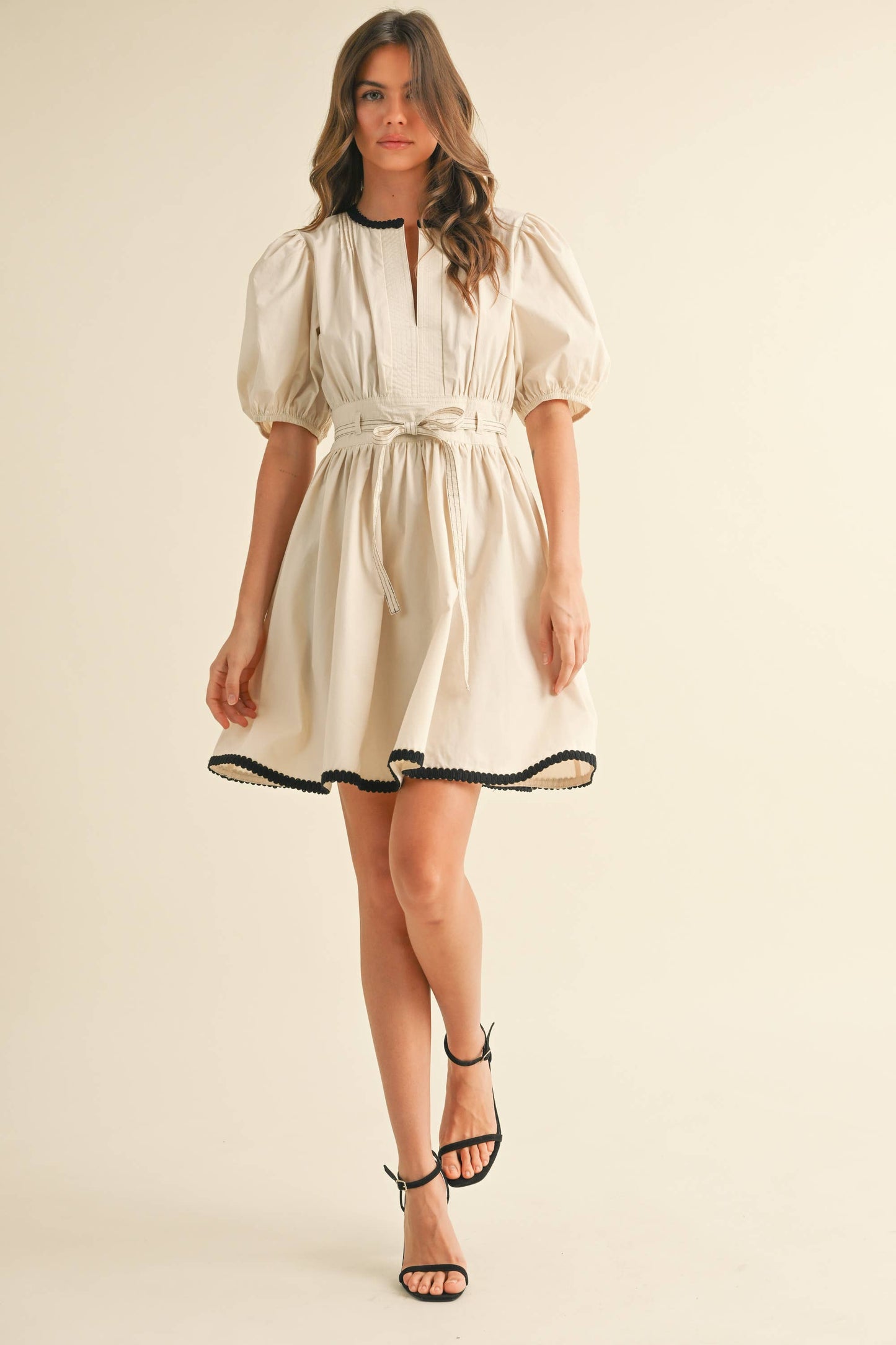ID9052  BELTED PUFF SHORT SLEEVE A-LINE FLARED MINI DRESS