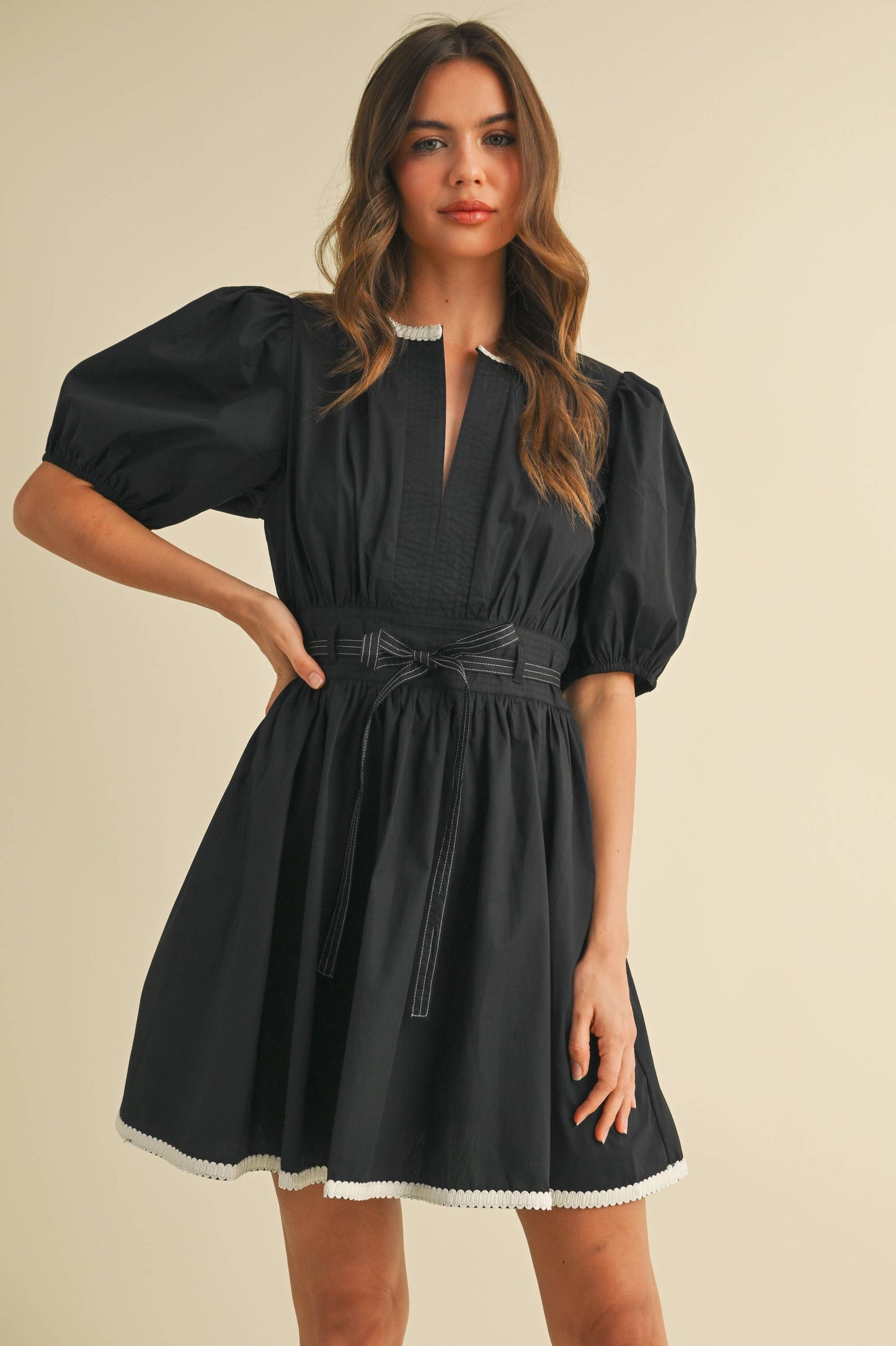 ID9052  BELTED PUFF SHORT SLEEVE A-LINE FLARED MINI DRESS