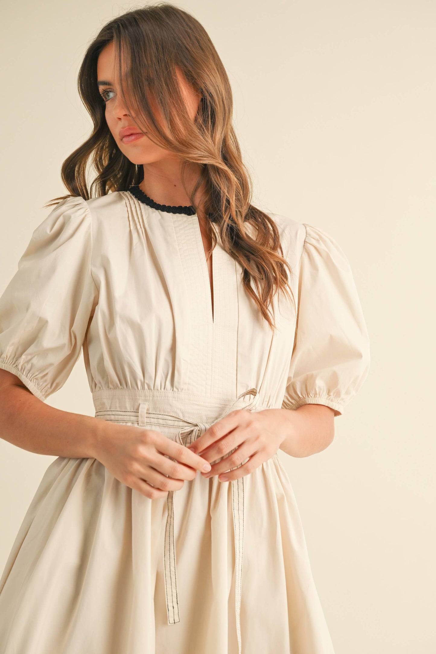 ID9052  BELTED PUFF SHORT SLEEVE A-LINE FLARED MINI DRESS
