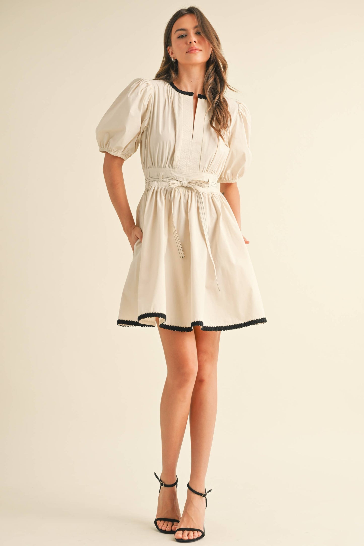 ID9052  BELTED PUFF SHORT SLEEVE A-LINE FLARED MINI DRESS