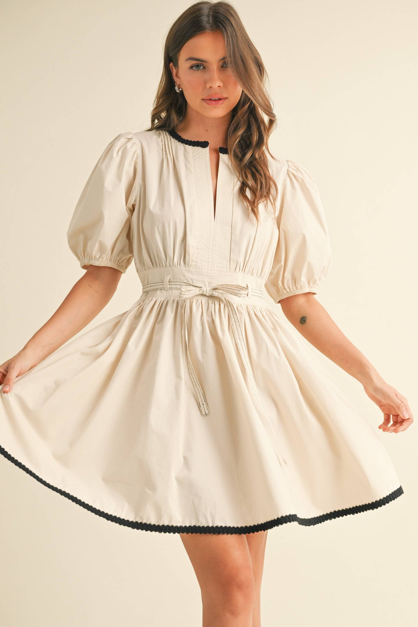 ID9052  BELTED PUFF SHORT SLEEVE A-LINE FLARED MINI DRESS