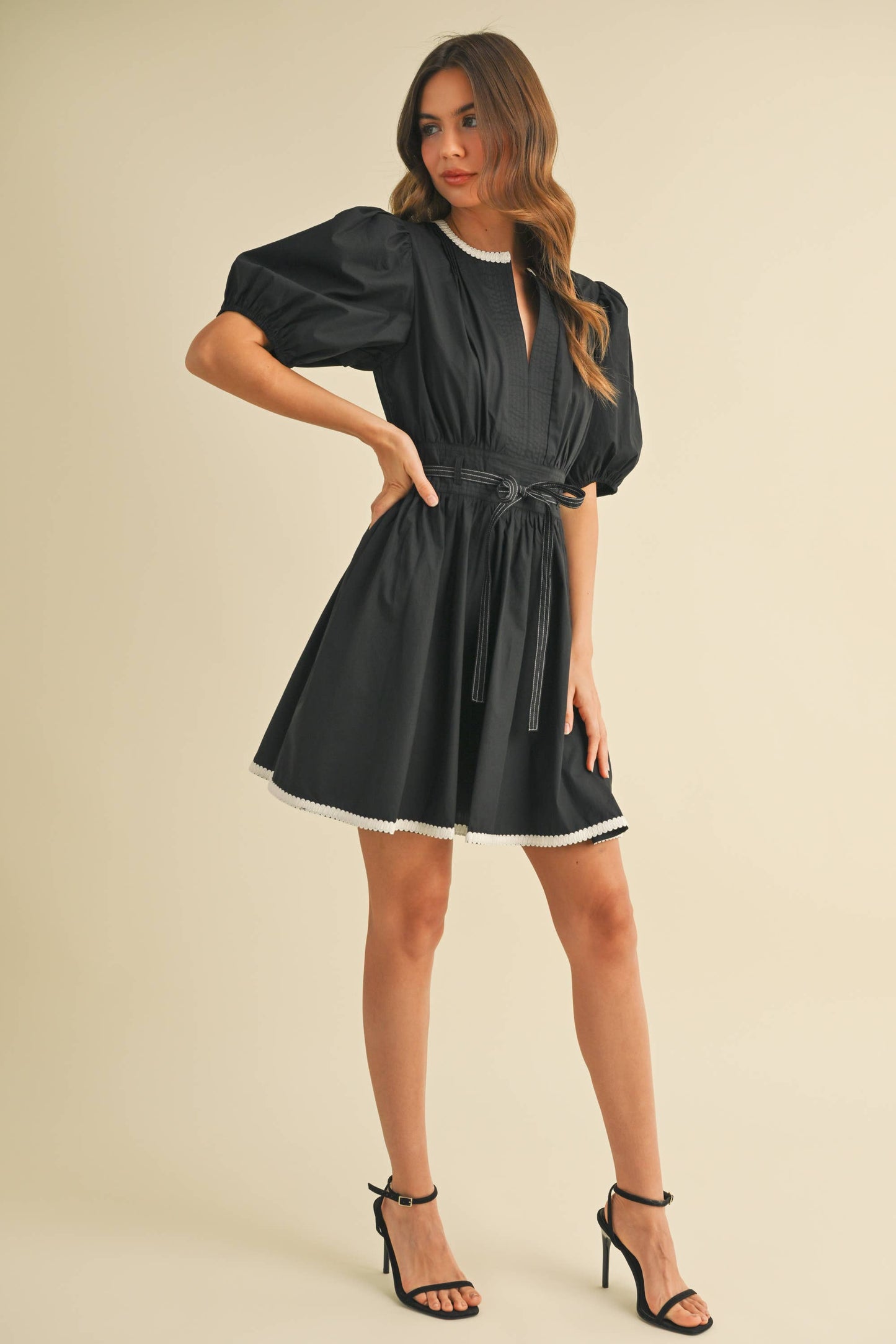 ID9052  BELTED PUFF SHORT SLEEVE A-LINE FLARED MINI DRESS