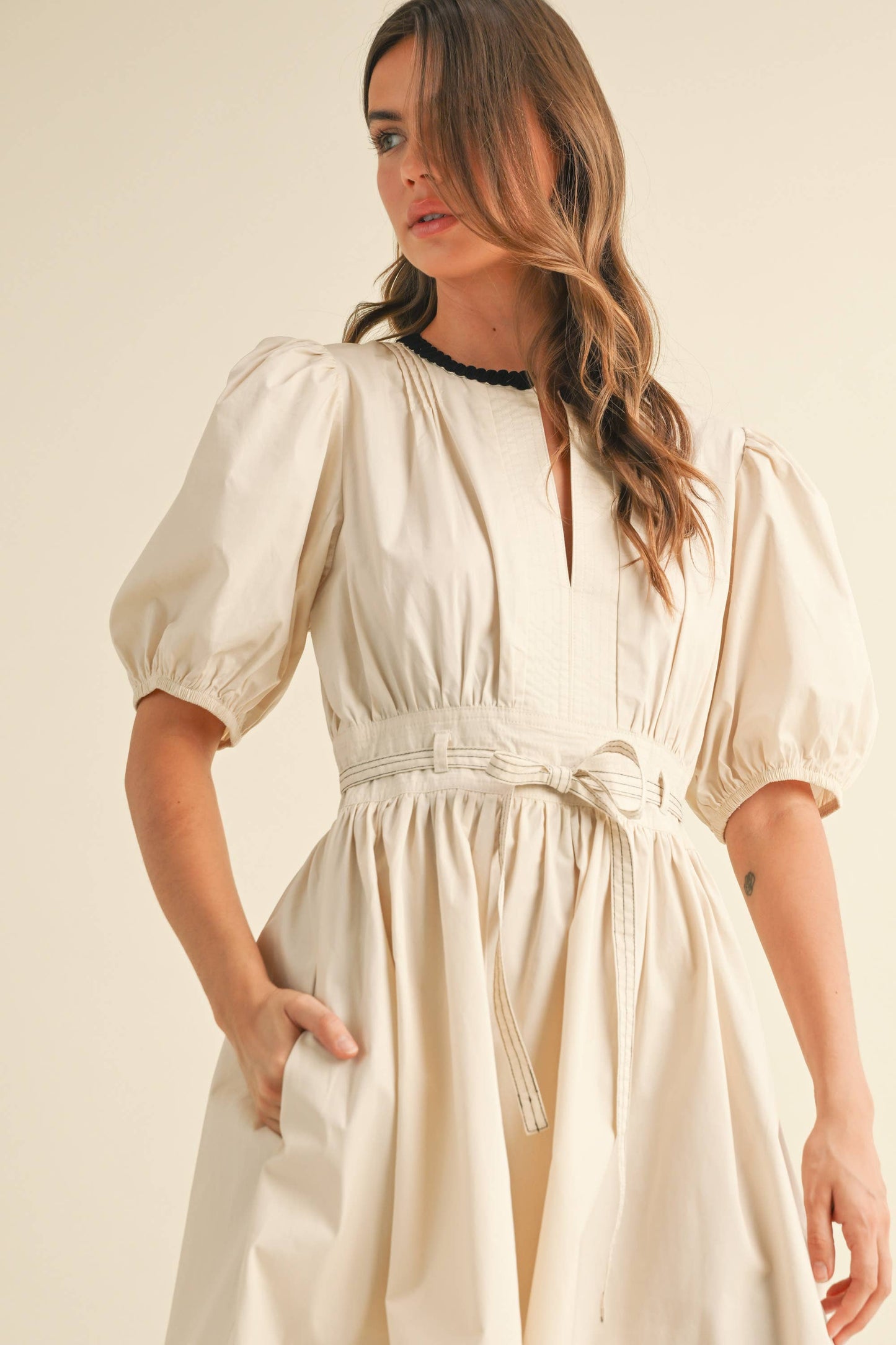 ID9052  BELTED PUFF SHORT SLEEVE A-LINE FLARED MINI DRESS
